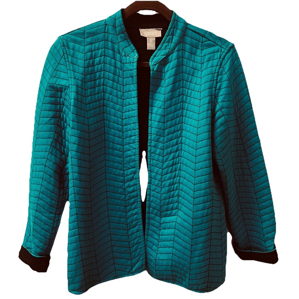 Chico's Quilted Cotton Jacket Women's 0 (S) Open Front Teal Coastal Cottagecore